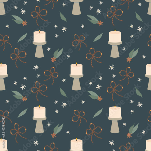  spa and treatment seamless pattern with candles, anise and cloves and flowers, leaves. Lovely design for print, seamless design for textile, packaging, card, background.