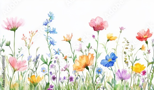 Watercolor Wildflower Meadow Border, Floral Design, Spring