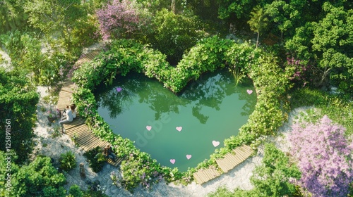 Heart-Shaped Pond Surrounded by Lush Greenery and Flowers