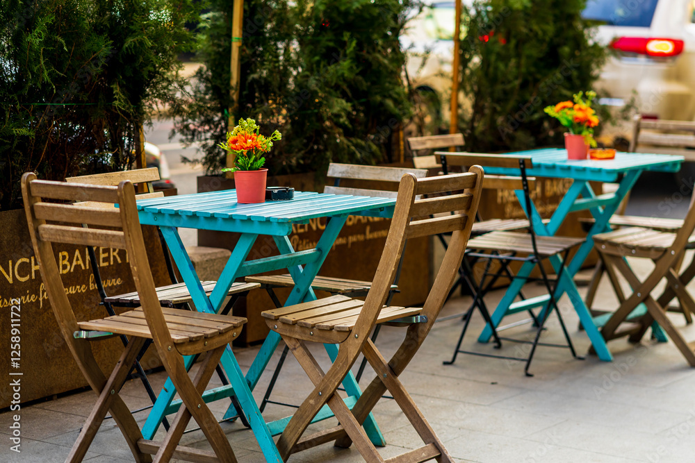 Empty table at restaurant terrace. Exterior table Empty table at restaurant terrace. Exterior table