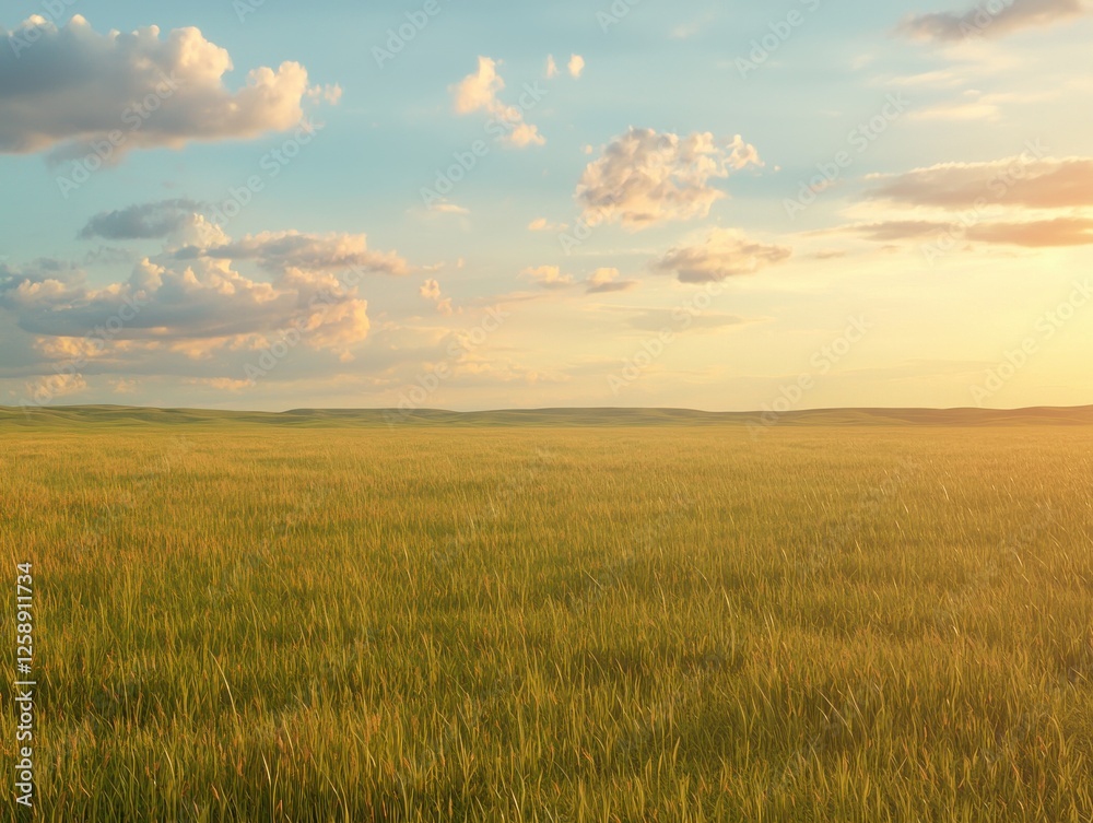Golden sunset over vast green fields nature open landscape serene environment Golden sunset over vast green fields nature open landscape serene environment