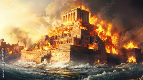 Ancient citadel engulfed in hellish inferno surrounded by raging river. Underworld Citadels. Illustration