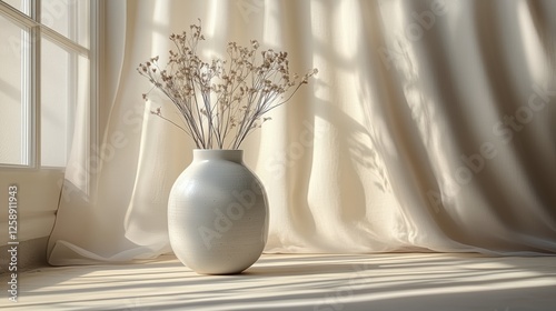 Vase with dried flowers positioned near a window in soft afternoon light