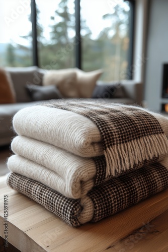 Cozy blankets stacked on a wooden table in a modern living room with large wi...
