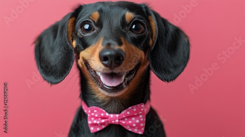 Happy black and tan dog wearing a pink bow tie in front of a bright pink back...