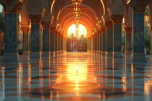 Generative AI Image of Majestic Mosque Architecture Celebrating Ramadan at Sunrise photo