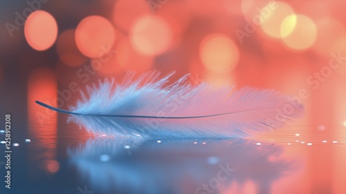 Soft blue feather resting on a reflective surface with colorful bokeh backgro...