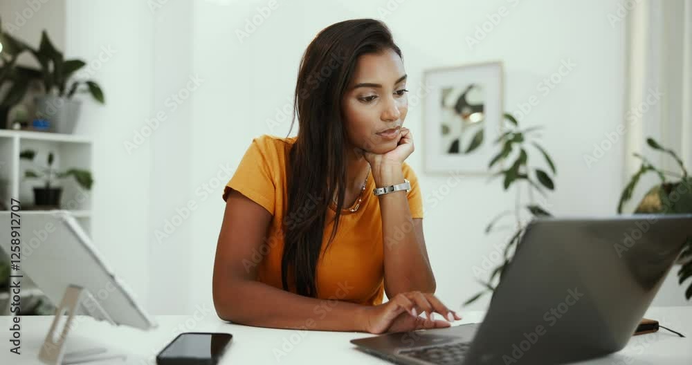 Studying, typing and woman with laptop, home and reading of assignment on web, digital and online course. Tech, student and person with info for project, education and research for knowledge with app