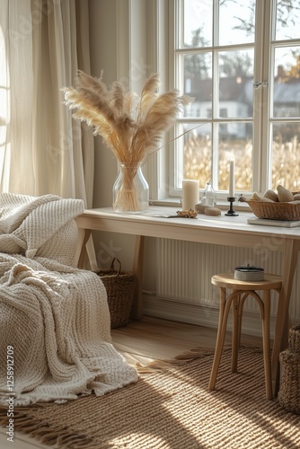 Cozy living space with a natural aesthetic featuring soft textiles and warm d...