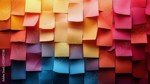 Colorful collection of sticky notes arranged in a gradient pattern on a wall ...