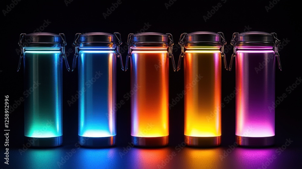 Illuminated Metal Bottles Glowing Vibrantly In Dark Setting Illuminated Metal Bottles Glowing Vibrantly In Dark Setting