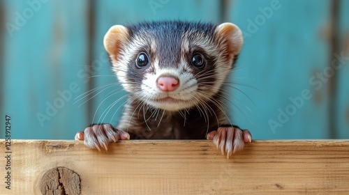Adorable ferret peeks over wooden barrier in indoor setting during daylight h...