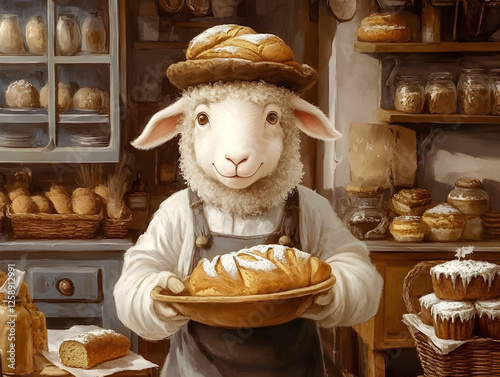 Whimsical Sheep Baker Concept: Joyful Homemade Bread in Rustic Bakery. Happy Animal Chef & Delicious Pastries