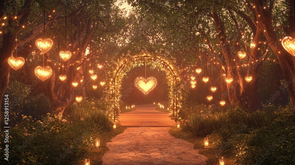 Obraz premium Romantic Candlelit Pathway Adorned with Heart-Shaped Lights