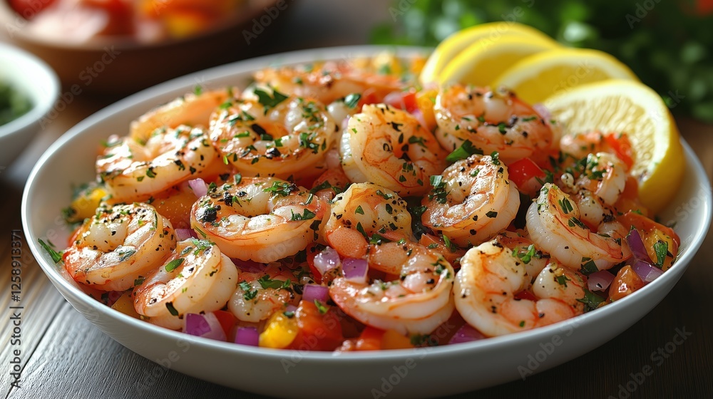 Shrimp salad with fresh vegetables and lemon slices prepared on a wooden table Shrimp salad with fresh vegetables and lemon slices prepared on a wooden table