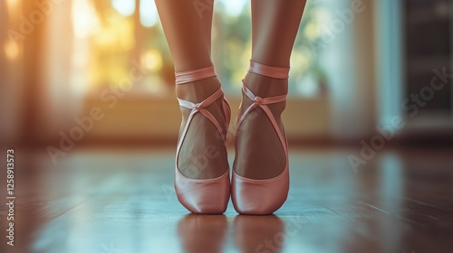 Elegant ballet dancer practicing en pointe in a sunlit studio setting