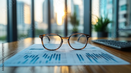Glasses resting on a report in a modern office with city skyline at sunset