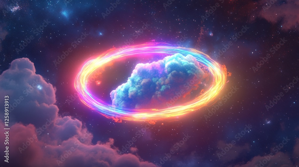 Obraz premium Abstract cloud floating in the night sky, surrounded by a multicolored neon ring, generative ai