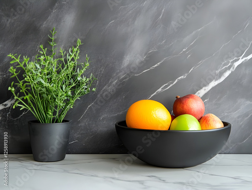 Concept of Natural Beauty & Health: Fresh Fruit & Plant Still Life on Marble Countertop