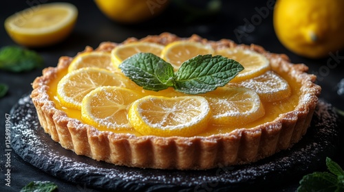 Lemon tart with fresh lemon slices and mint leaves on a dark stone background