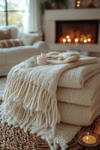 Cozy living room with warm atmosphere and soft blankets near a glowing fireplace
