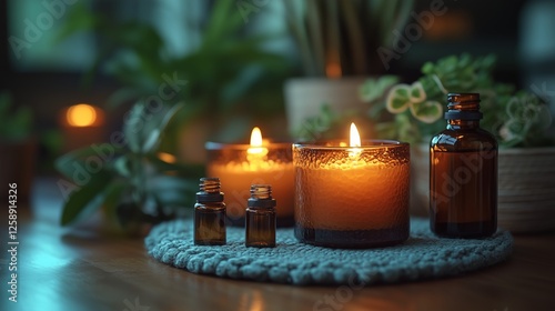 Relaxing atmosphere with candles and essential oils on a wooden table in a ca...