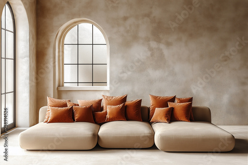 Loft home interior design of modern living room. beige sofa with terra cotta pillows against arched window near stucco wall with copy space. photo