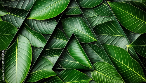 Grüne Blätter in Dreiecksformation: Natur, Symmetrie und Struktur, perfekte Geometrie in  lebendigen Farben