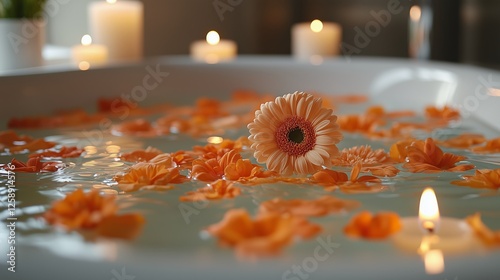Relaxing flower petals in water with candles for a calm evening spa experience