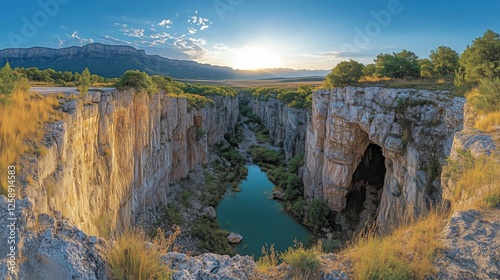 Majestic canyon landscape at sunrise revealing lush greenery and serene water...