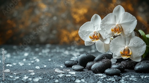 Elegant white orchids with stones and water droplets on a dark surface