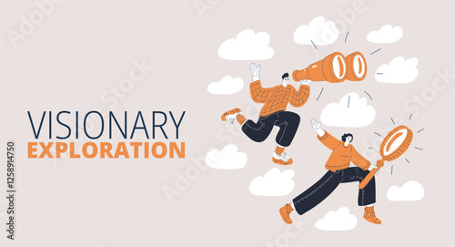 Cartoon vector illustration of people floating and using binoculars and magnifying glasses