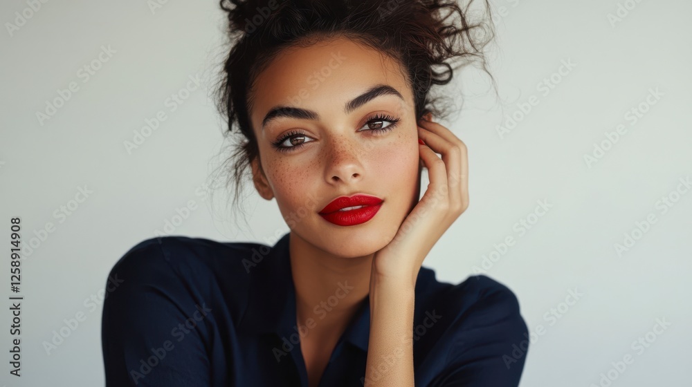 Portrait Of A Woman With Curly Hair And Red Lipstick Portrait Of A Woman With Curly Hair And Red Lipstick