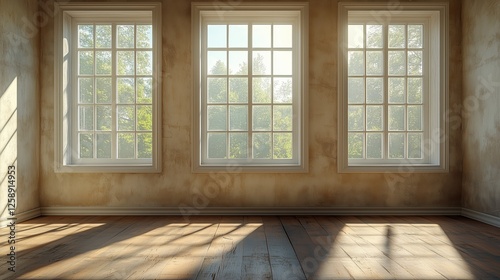 Natural light filters through empty room with three large windows and wooden ...