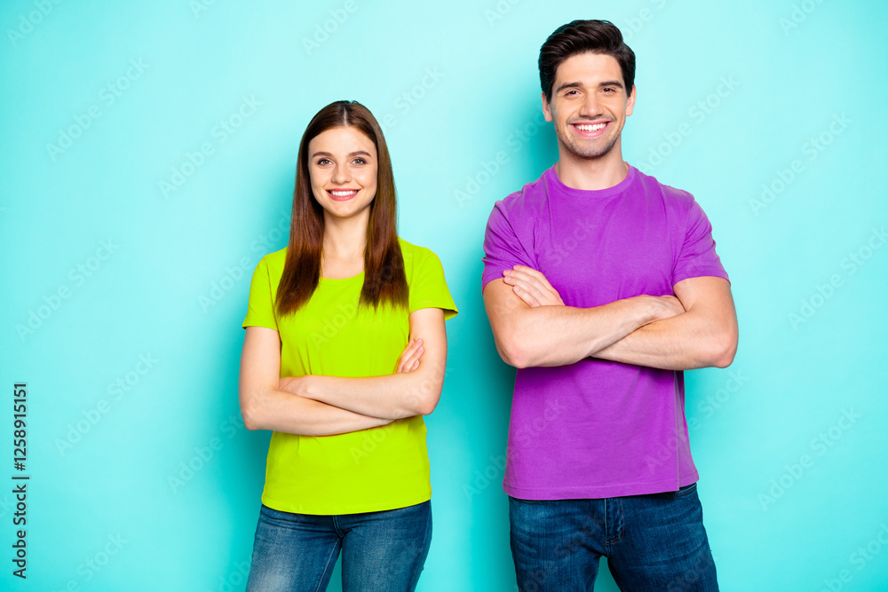 Fototapeta premium Portrait of his he her she nice attractive lovely charming cheerful cheery content couple entrepreneurs team folded arms isolated over bright vivid shine vibrant green turquoise background