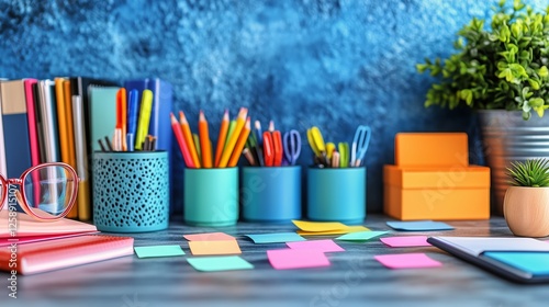 Colorful workspace with stationery and supplies on a blue textured background