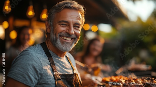 Smiling chef grilling food at a lively outdoor barbecue with friends during s...