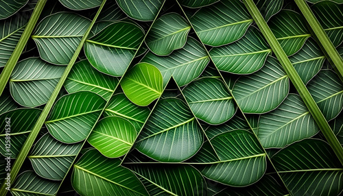 Grüne Blätter in Dreiecksformation: Natur, Symmetrie und Struktur, perfekte Geometrie in  lebendigen Farben