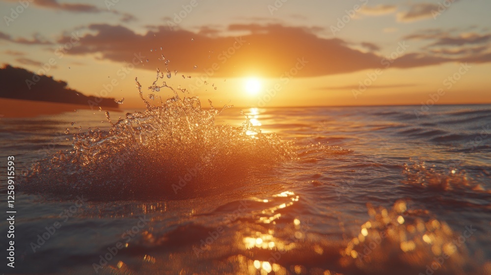Golden Sunset Water Splash Ocean Waves Golden Sunset Water Splash Ocean Waves