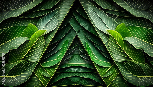 Grüne Blätter in Dreiecksformation: Natur, Symmetrie und Struktur, perfekte Geometrie in  lebendigen Farben
