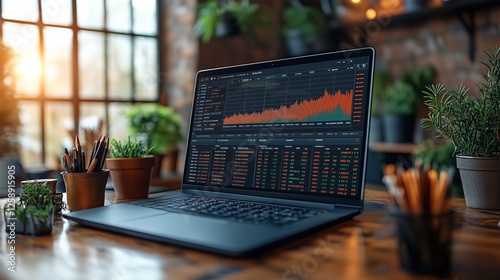 Stock market data displayed on a laptop in a cozy workspace with plants