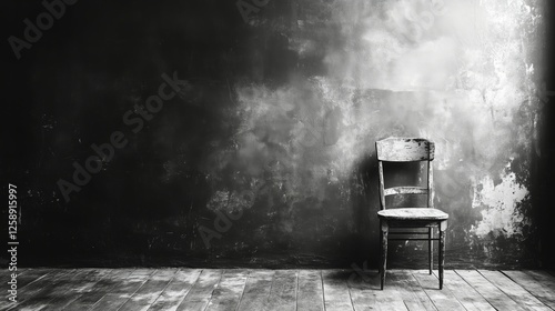 Empty wooden chair against a distressed black wall in a quiet room