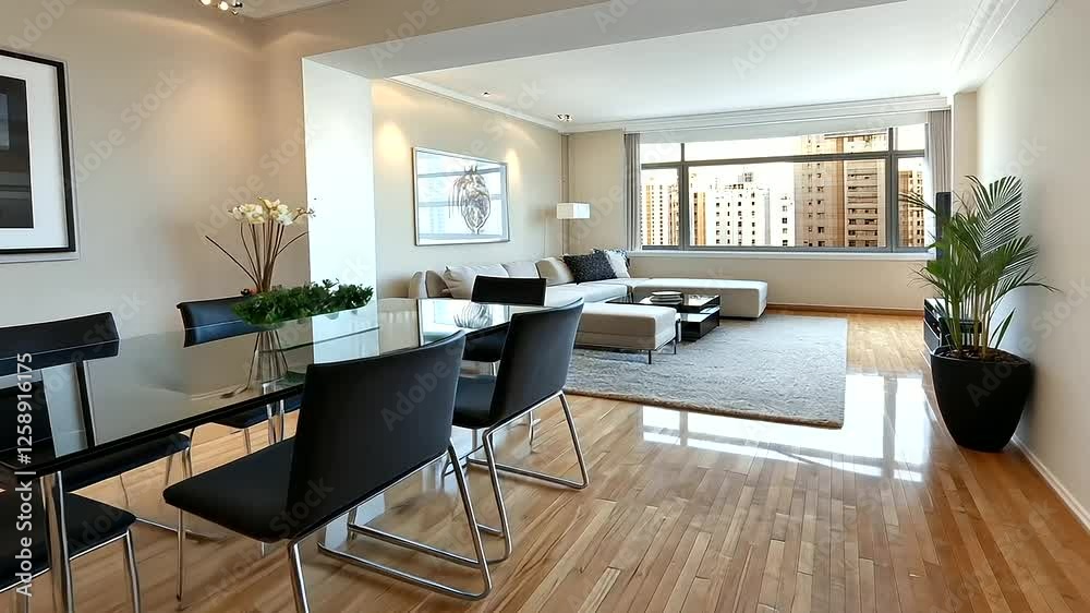 A minimalist dining room with a glass-top table and contemporary chairs forms the focal point of this modern apartment, flowing into an empty living room with a beige wall, ready f A minimalist dining room with a glass-top table and contemporary chairs forms the focal point of this modern apartment, flowing into an empty living room with a beige wall, ready f
