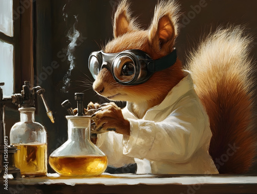Humorous Red Squirrel Scientist in Vintage Lab - Conducting Science Experiment with Golden Liquid in Beakers - Concept of Animal Intelligence, Funny Science Education & Research