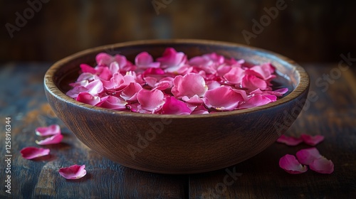 Bowl filled with pink rose petals resting on a wooden surface