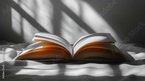 Open book illuminated by soft light creating dramatic shadows on the surface