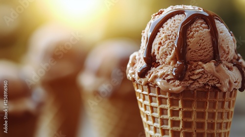 Ice cream cones with chocolate syrup under warm sunlight in a summer setting