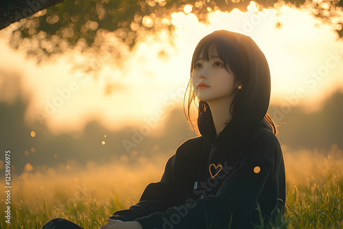 Woman sitting in a field at sunset, contemplating nature, portrait for inspirational use photo