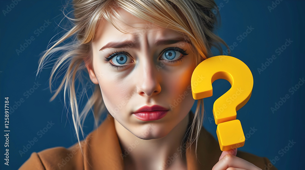 Portrait of beautiful confused young blonde woman holding yellow question mark, isolated on blue background