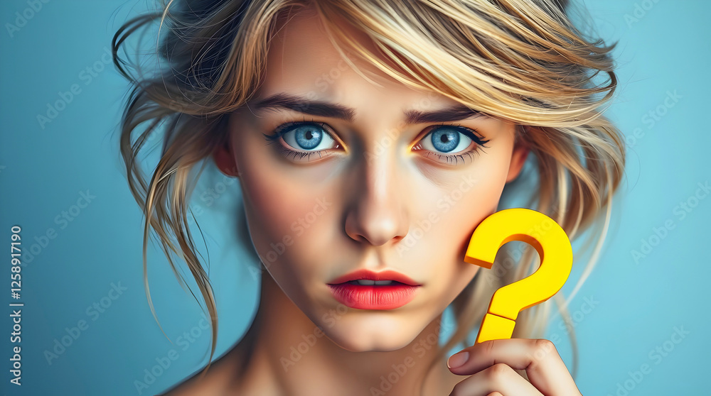 Portrait of beautiful confused young blonde woman holding yellow question mark, isolated on blue background